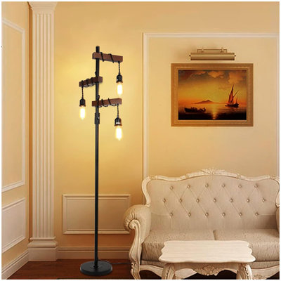Lampe sur pied industrielle à intensité variable, lampe sur pied d'arbre de campagne, lampe sur pied en bois à 3 lumières de 68 pouces, lampadaire rétro sur pied robuste, lampes sur pied en métal noir pour le salon, la chambre, le bureau, la maison rustique