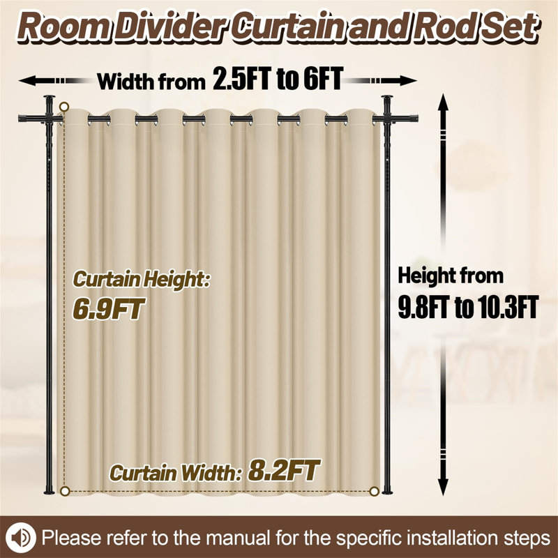 Beige Blackout Room Divider Curtain and Rod Set