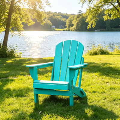 Lake Blue HDPE All-Weather Adirondack Folding Chair with Dual Cup Holders & Wood-Like Finish for Backyard Patio Pool Camping Fire Pit
