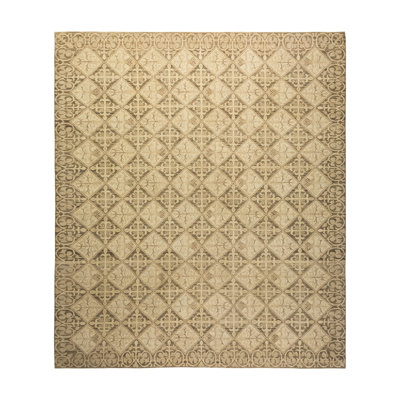 Tapis beige en laine noué à la main de conception unique 8 pi 2 po x 9 pi 6 po Eans