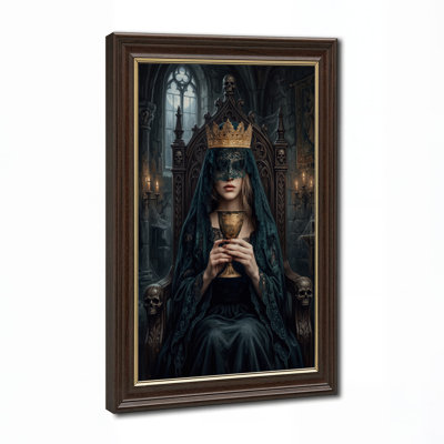 Gothic Queen in Teal Lace Mask Holding Golden Halloween Canvas Wall Art