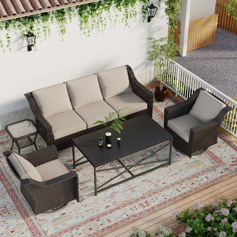 5-Piece Outdoor Rattan Wicker Conversation Set, Patio Furniture with 3-Seater Sofa, 2 Armchairs, Coffee Table & Side Table, Weather-Resistant for Backyard, Porch & Poolside