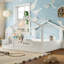 Lit double pleine grandeur avec garde-corps et toit, lit pour enfant avec petit plateau intégré et enseigne à installation gratuite, conception enfantine, blanc-403675940-403675941