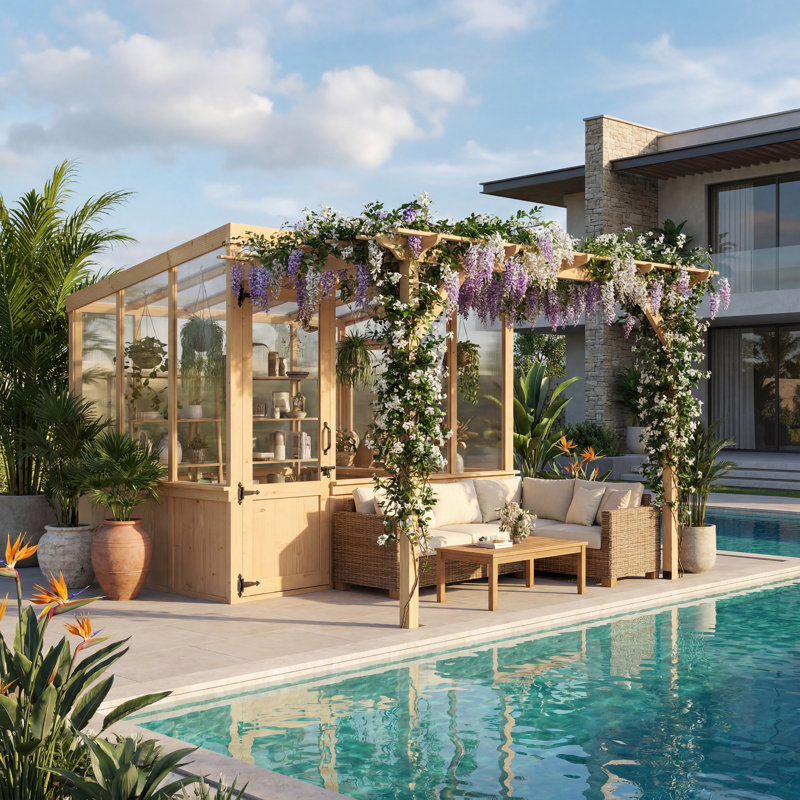 Serre en bois de cèdre avec pergola (2,4 m H x 2,4 m L x 1,8 m P) – Oasis de jardin quatre saisons avec espace de vie extérieur ombragé