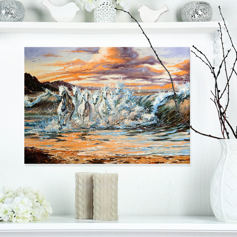 Peinture animalière, "Chevaux des vagues", H 20 po x l 20 po x P 1 po