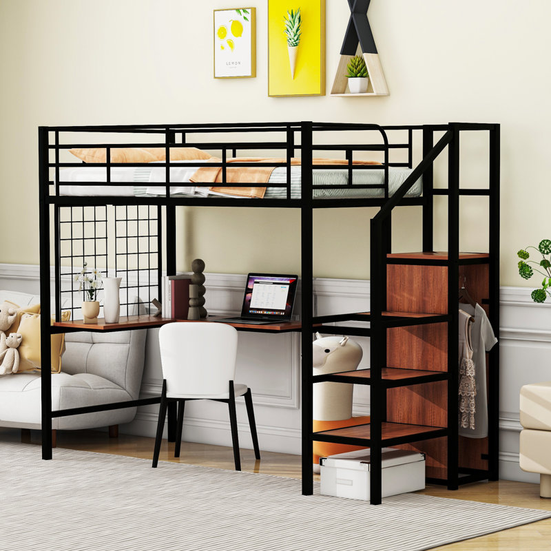 Prestwyck Zephyr Metal Loft Bed With Desk And Grid, Stylish Metal Frame With Lateral Storage Ladder And Wardrobe, Black