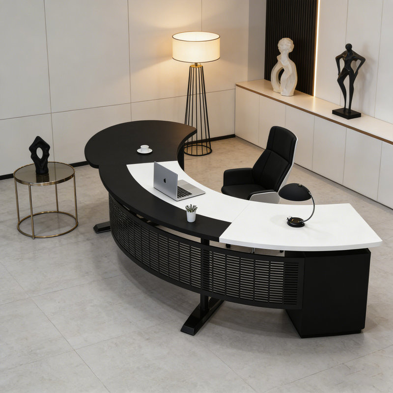 Bureau blanc minimaliste irrégulier avec plateau incurvé, rangement multifonctionnel et structure stable, Blanc