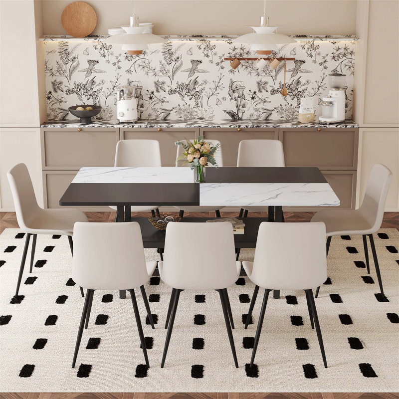 Spacieuse table de salle à manger blanche et noire avec rangement et 8 chaises en polyuréthane gris clair pour un siège confortable