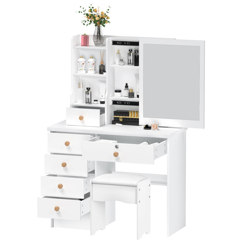 Vanity Desk with Sliding Mirror, Bedroom Dressing Table, Makeup Desk with 6 Drawers, Open Shelves, Hidden Storage Space