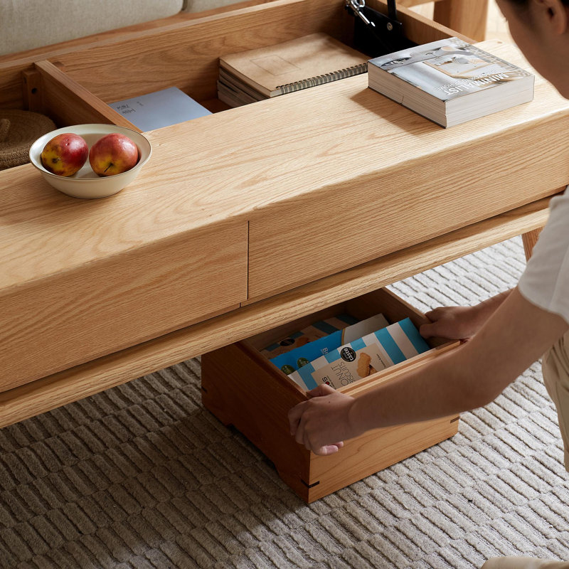 Table basse surélevée Table basse 100% bois de chêne massif avec plateau et plateau de table basse Largeur 120 x profondeur 65 x hauteur 45 cm Bureau d'étude facile à assembler