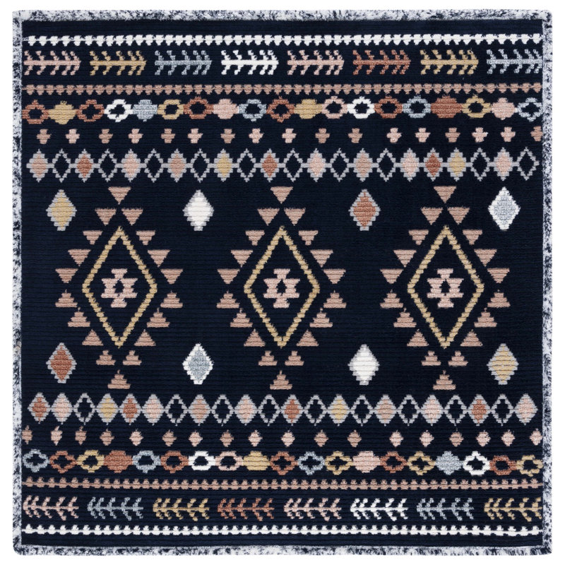 Baston Southwestern Navy/Orange/White Area Rug, Square 6'7"