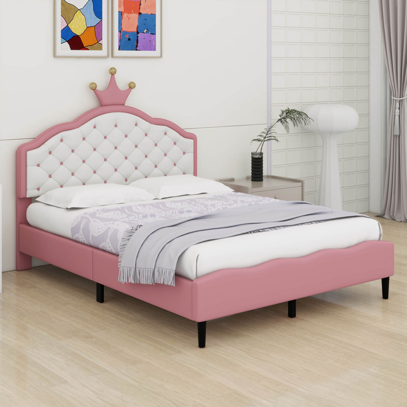 Lit double princesse en cuir synthétique avec tête de lit capitonnée, Full