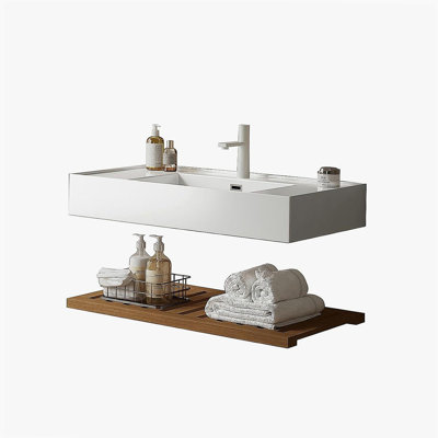 Meuble-lavabo de 36 po avec lavabo vasque, lavabo intégré mural flottant rectangulaire en acrylique blanc sans robinet, tablette rayée, couleur grain de bois noyer foncé