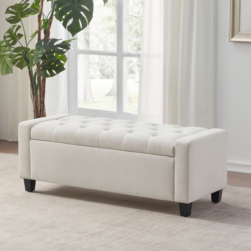Polyester Upholstered Storage Bench, Beige