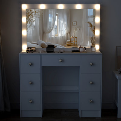 Large Vanity Desk Set With LED Lights Mirror Makeup Table With 7 Drawers For Bedroom