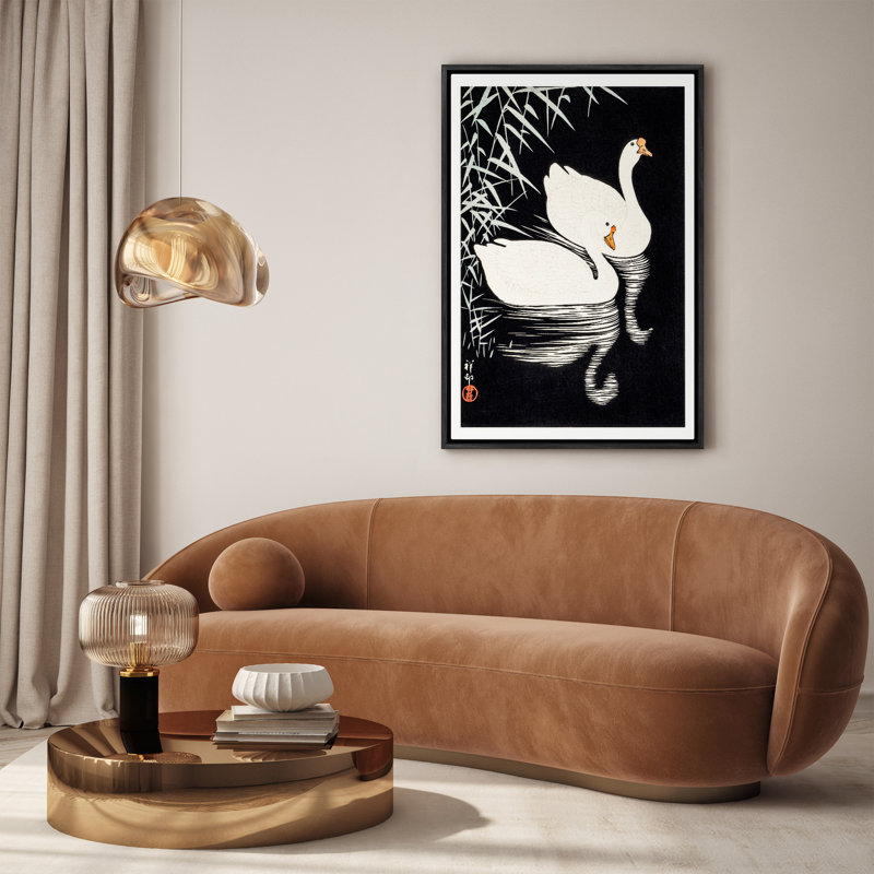Paire de cygnes orientaux, étang, scène élégante, art mural encadré, H 24 po x l 16 po, Noir