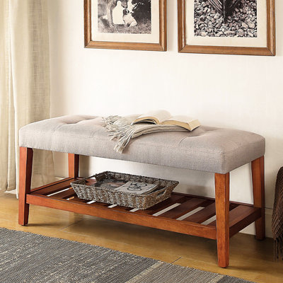 Banc en chêne gris, revêtement en tissu, tablette ouverte à lattes, siège de rangement à boutons