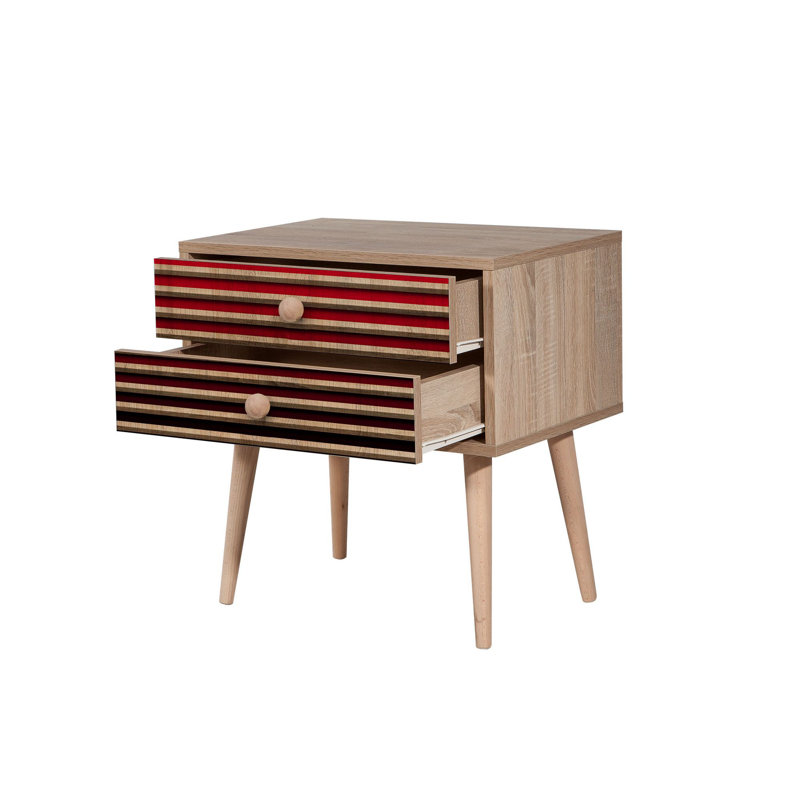 Table de chevet moderne avec 2 tiroirs, finition chêne Sonoma, 23,6 po x 24,0 po x 15,7 po | Panneau de particules 100% enduit de mélamine, revêtement UV, pieds de charme, poignées en métal et en corde | Design scandinave, parfait pour le rangement dans la chambre à coucher et le salon