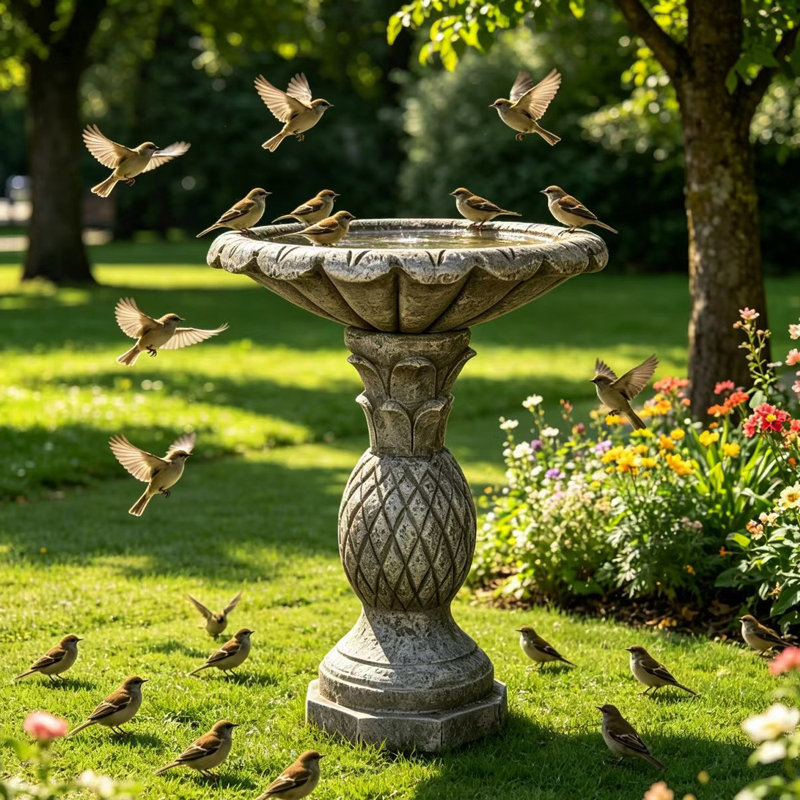 Bain d'oiseaux en béton de 24,8 po de hauteur - Baignoire pour oiseaux debout sur piédestal