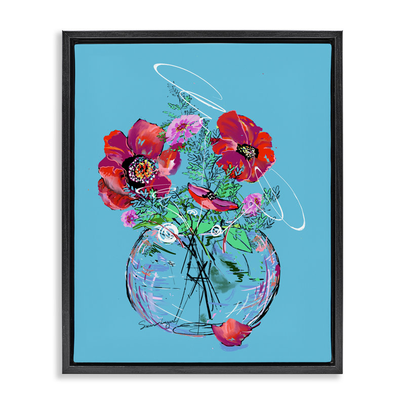 Vivid Poppies in Vase, cadre flottant, design par Susan Lugar, Cadre flottant noir de jais, H 21 po x l 17 po