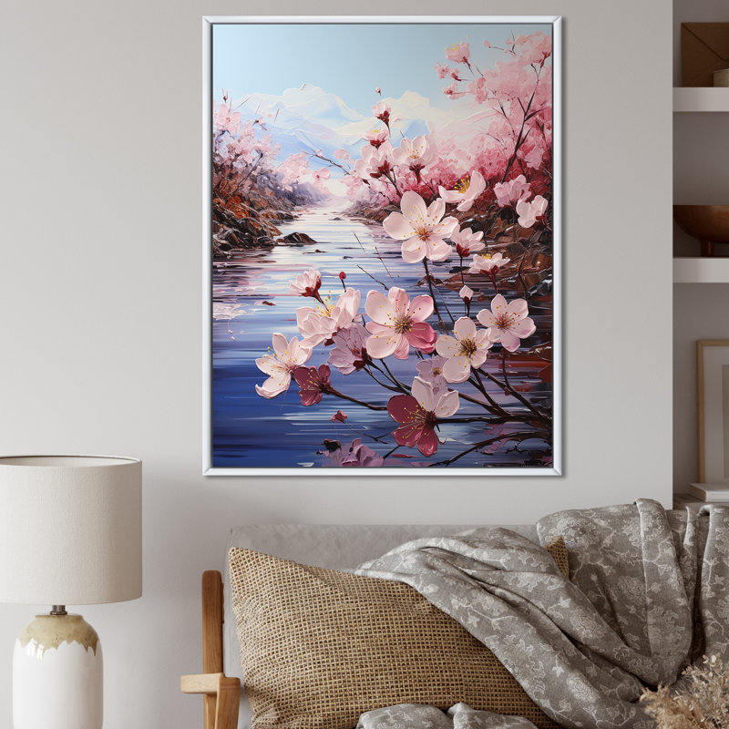 Cherry Blossom Flower Meadow sur toile, Cadre flottant blanc, H 44 po x l 34 po x P 1,5 po