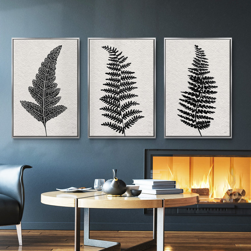 "Forest Fern I", ensemble de 3 toiles encadrées, H 40 po x l 78 po, Encadrement argenté