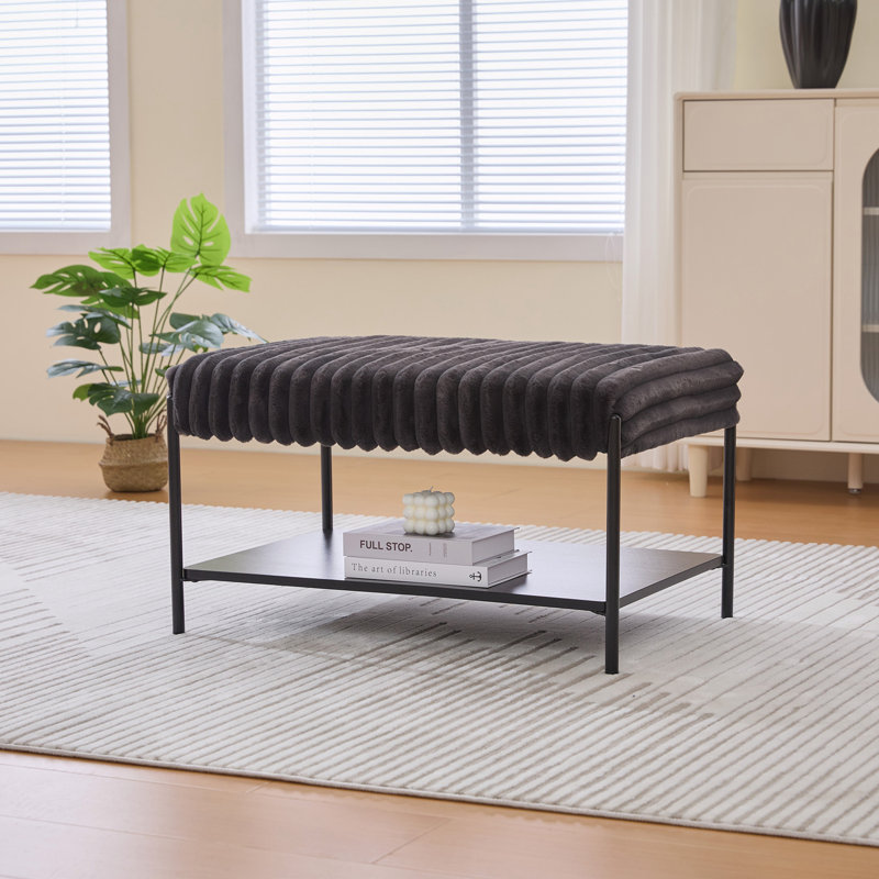 Footstool with Wooden Open Storage Shelf, Charcoal