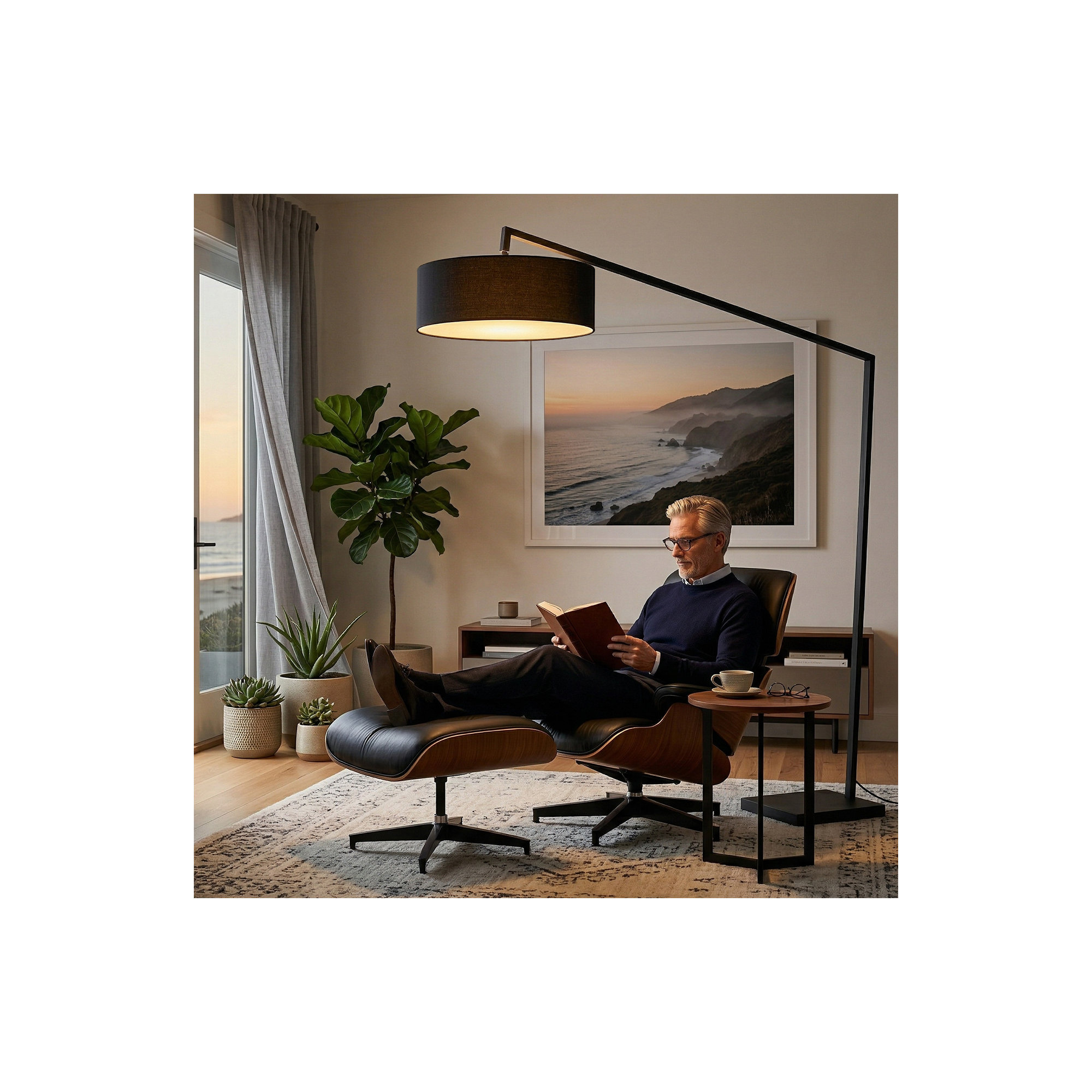 Stretch 87"H 1-Light Arc Lamp, Linen Shade & Body, Dimmable, for Living Room or Bedroom, Black