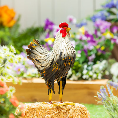 Statue de jardin poule avec plumes en métal noir et blanc, 14 po
