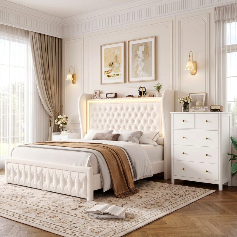 Ensemble de chambre à coucher 2 pièces, lit tapissier à lumière DEL avec 2 tiroirs, commode à 5 tiroirs pour la chambre à coucher, le salon ou le vestibule