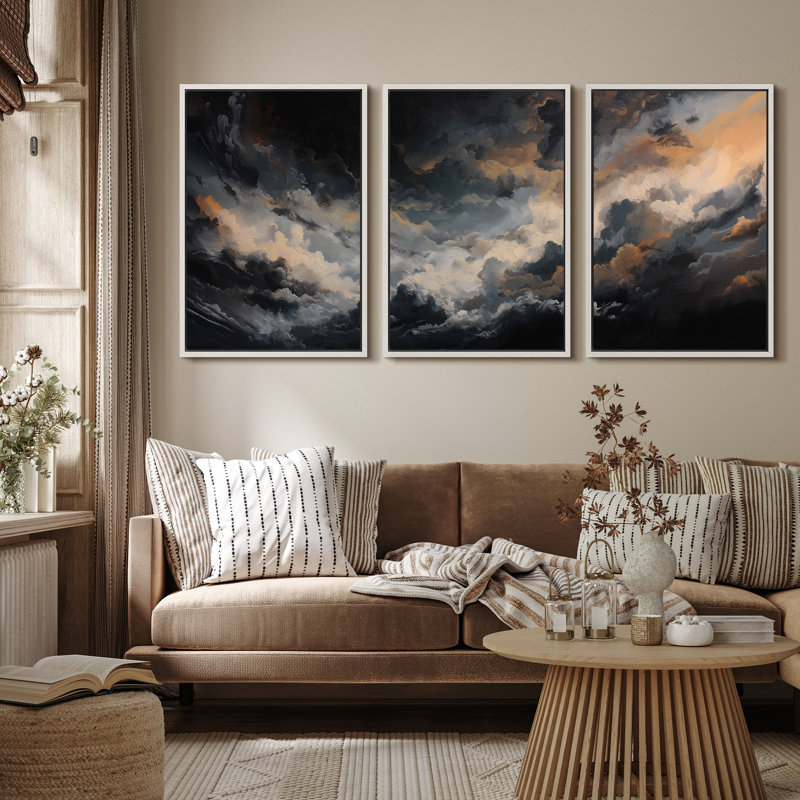 «Stormy Dramatic Cloudscape Triptych», reproduction d'art sur toile encadrée 3 pièces, H 36 po x l 72 po x P 1,5 po