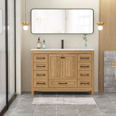 48 Inch Natural Oak Bathroom Vanity with Resin Sink Top & Faucet, Warm Modern Standing Single Vanity, Soft-Close Cabinet with Ample Storage Drawers