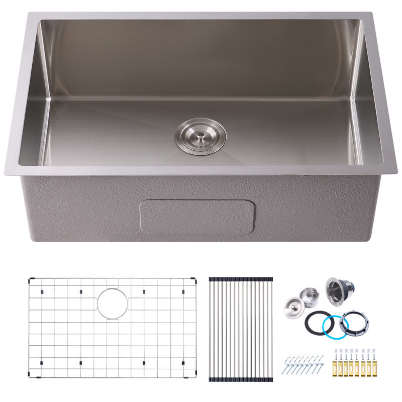 30 in. Drop-In/Undermount Single Bowl 16 Gauge Brushed 304 Stainless Steel Kitchen Sink with Accessories