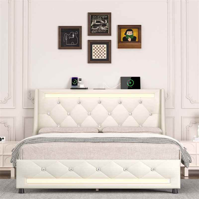 Structure de lit double avec tête de lit, lit plateforme tapissier avec station de charge, lumières DEL, support de lattes en bois et fonction de rangement