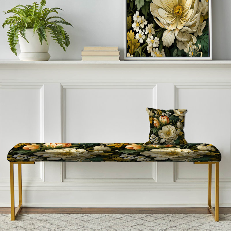 Motif de fleurs de chrysanthème Earthy Greens - banc floral rembourré or
