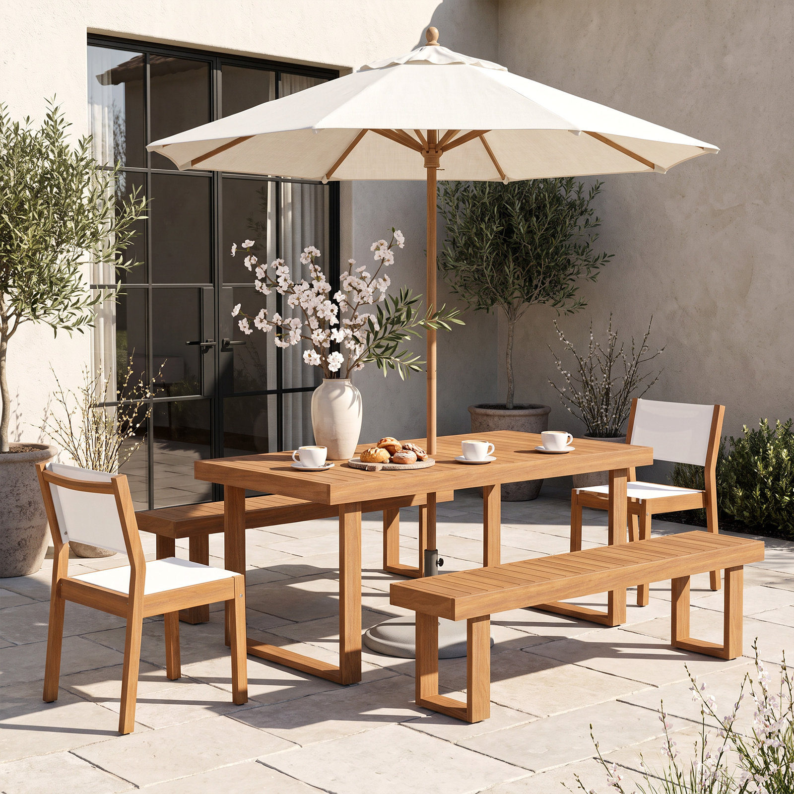 Mirella Acacia Outdoor Dining Set, 5 Pieces: Table, 2 Benches, 2 Chairs