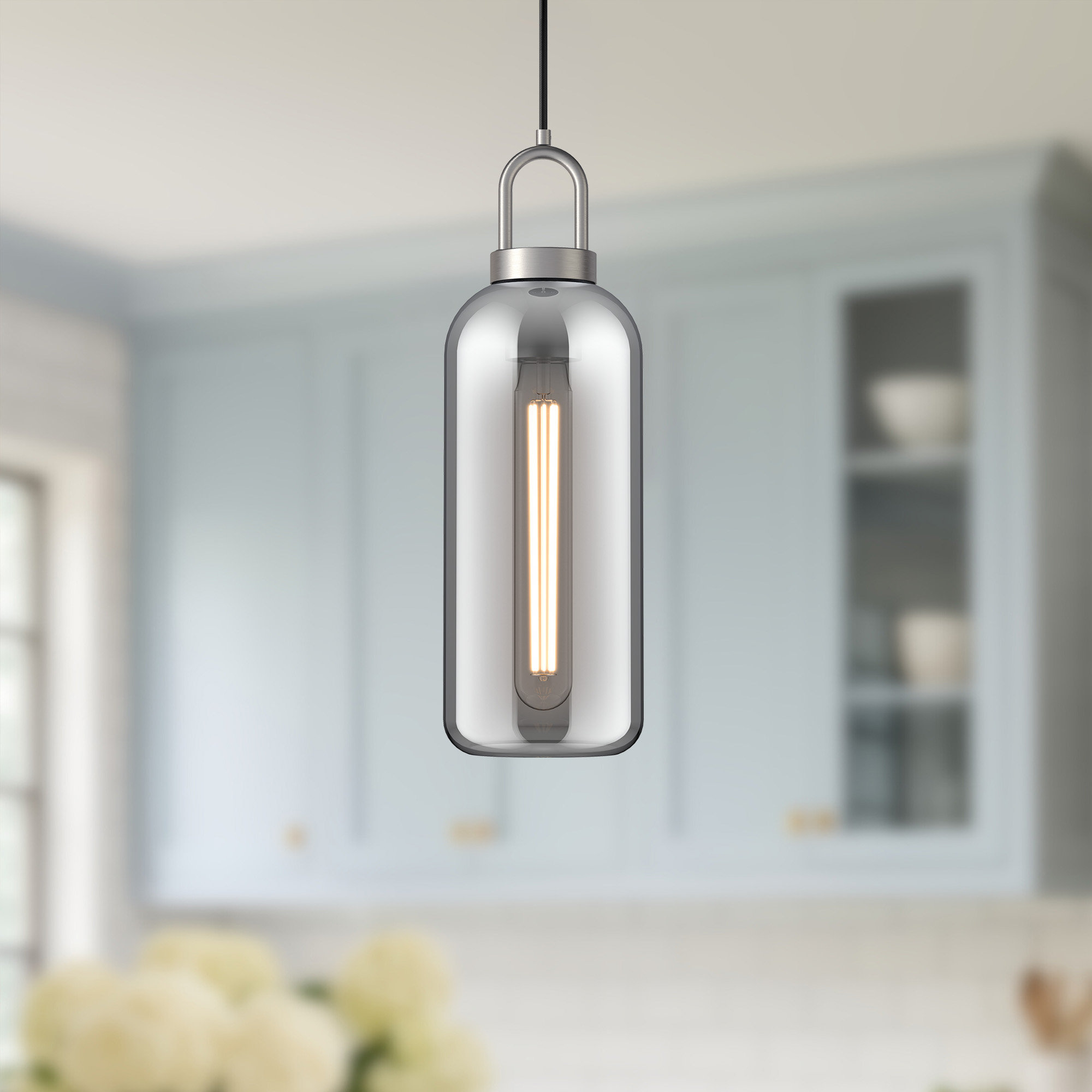 Minneapolis Single Light Glass Pendant, 14.875" H x 5.125"W  x  5.125" D , Smoke, Brushed Nickel