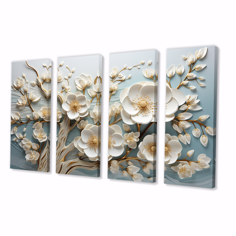 Orchidée blanche jardin de branches III - ensemble d'art mural floral abstrait 4 pièces, H 32 po x l 64 po