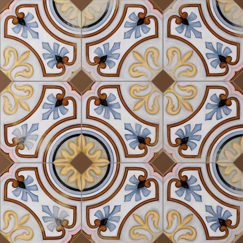 Vaudeville Octagon Deco Diglas W/Taco 7-7/8 In. X 7-7/8 In. Porcelain Floor And Wall Tile, Yellow/Blue/Brown
