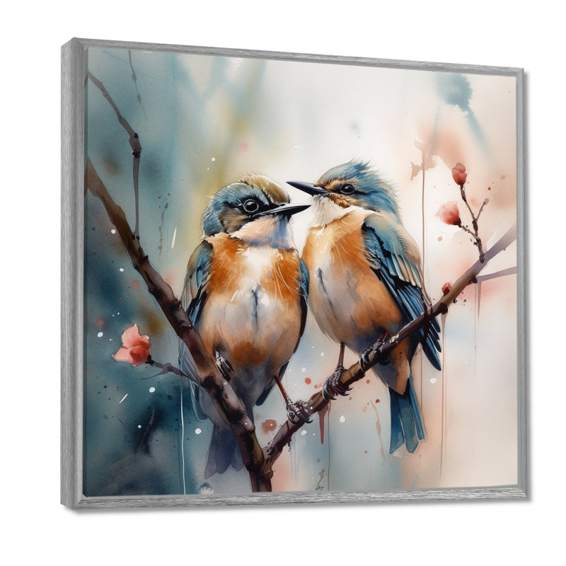 Oiseaux bleus assis sur une branche d'arbre III - Art mural floral, H 24 po x l 24 po, Encadrement argenté