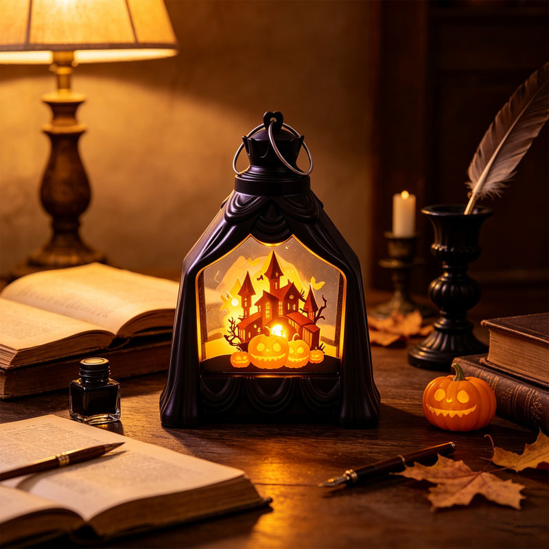 Lampe de poche lumineuse décorative sur le thème d'Halloween, motif de château sombre, citrouille et sorcière, lampe de projection, lampe de bureau à suspendre.