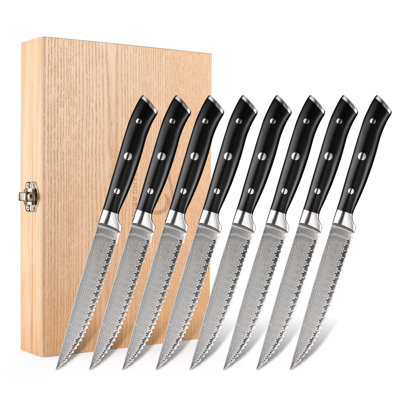 Ensemble de 8 couteaux à steak Damascus VG10, couteaux à steak dentelés en acier 5 pouces - poignées en ABS à triple rivet avec étui en bois