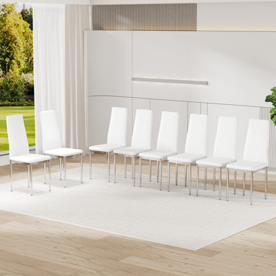 Aniesha Modern Faux Leather Dining Chairs Set of 8, Diamond Quilted High Back Side Chairs with Slim Chrome Metal Legs