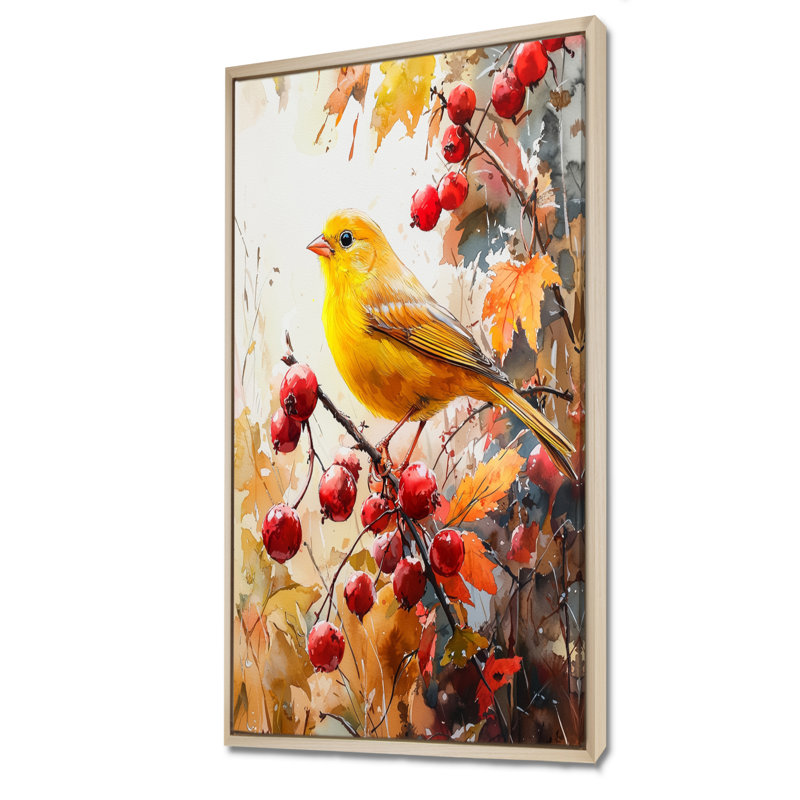Knecht Finch, oiseau parmi les baies de la forêt II - oiseau, art mural, H 60 po x l 28 po, Crème, crème