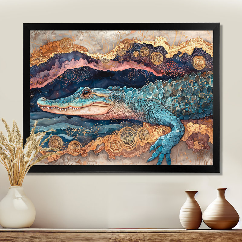 Aligator and Marble Felections III - Crocodile, art mural, Cadre simple, Noir, noir, noir, noir, H 12 po x l 20 po