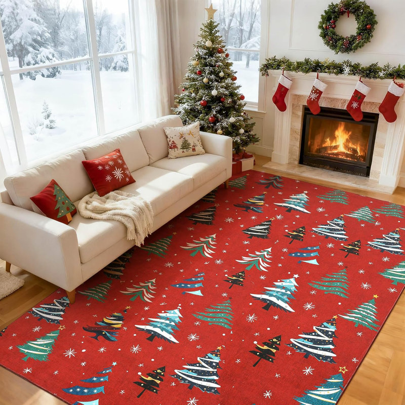 Runner Rug, Washable Rug for Home Decor, Indoor Non Slip Carpet, Soft Low Pile Christmas Rugs with Xmas Tree Motif for Kitchen, Entryway, Living Room, Bedroom
