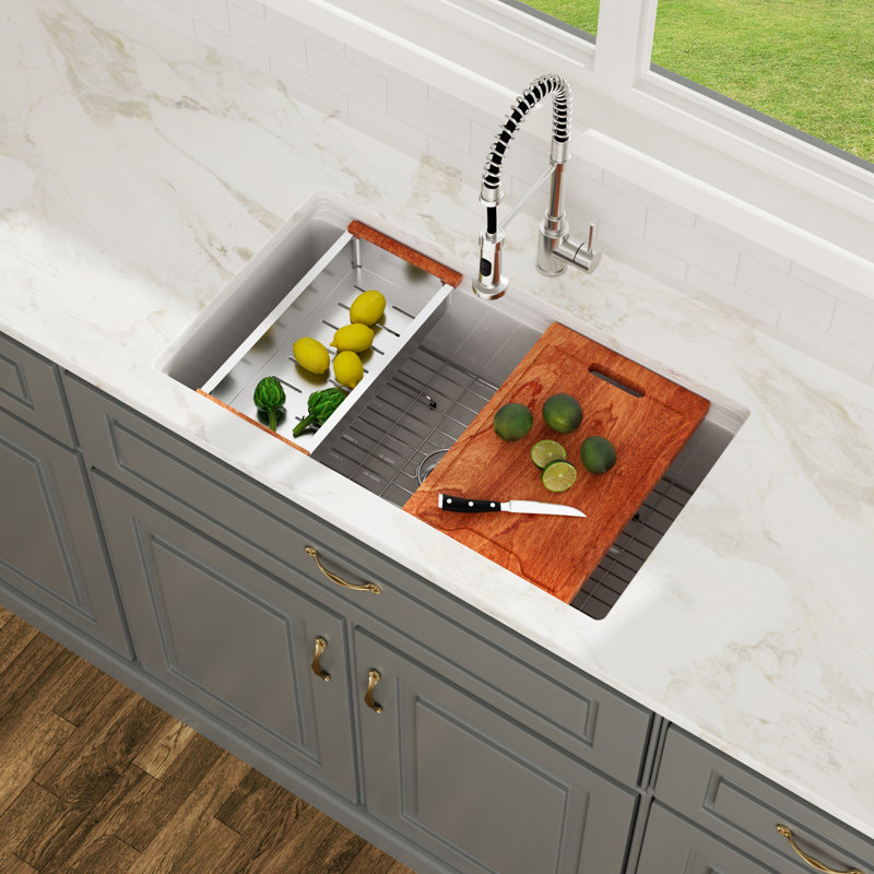 Évier de cuisine encastré 32 po x l 19 po en céramique blanche
