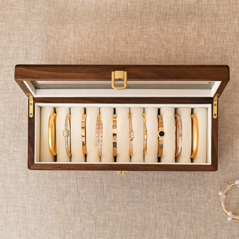Black Walnut Wooden Jewelry Box, 10 Slots Glass Lid Organizer for Bracelets Bangle Display Storage.