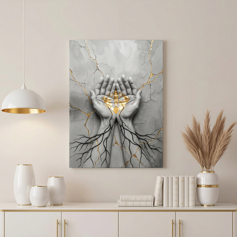 Art mural sur toile Gallery Wrap pour le salon, la chambre à coucher, le bureau ou le vestibule - Décoration murale décorative avec des mains dorées
