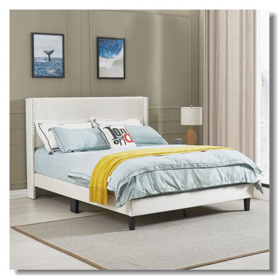 Velvet Upholstered Bed Frame With Vertical Channel Tufted Headboard,Modern Decorative Nailheads